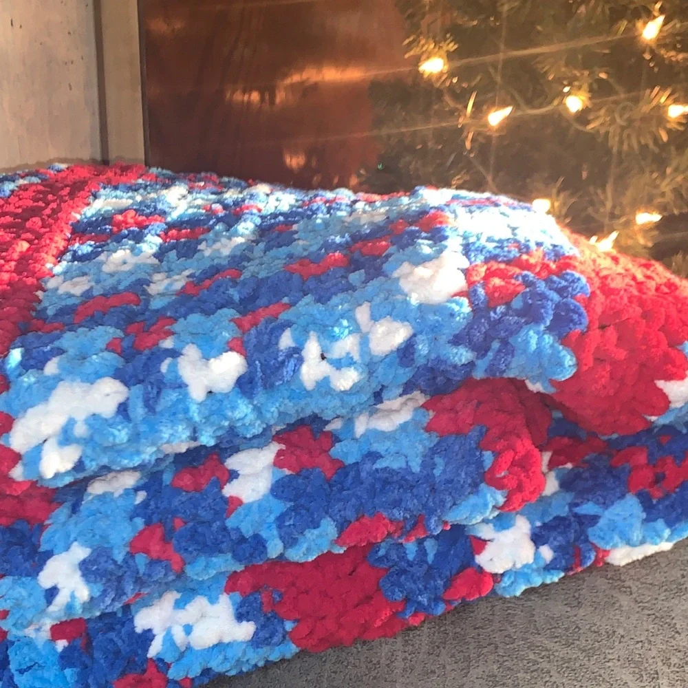 Colorful Red White Blue Handmade Crochet Blanket Afghan Apprx. 50x52 inches - Picture 8 of 16